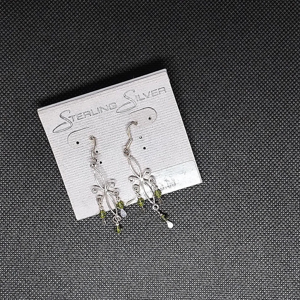 Sterling silver fish hook earrings with green accent